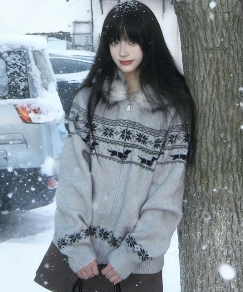 セール】ノルディック柄エコファーフード付きニットカーディガン