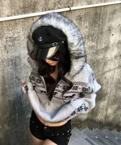 セール】ノルディック柄エコファーフード付きニットカーディガン