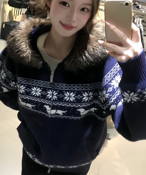 セール】ノルディック柄エコファーフード付きニットカーディガン