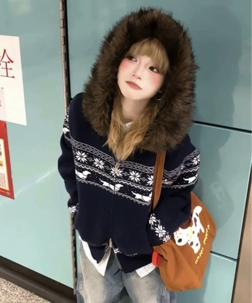 セール】ノルディック柄エコファーフード付きニットカーディガン