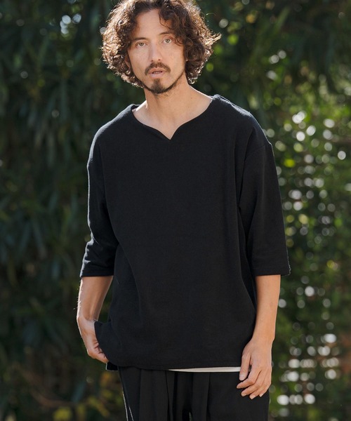 ダメージ加工 ブラック 長袖カットソー　BLACKMACHINE NUBIAN mlt5521- キーネックパイル7分袖カットソー(CMB-R0192)（Tシャツ