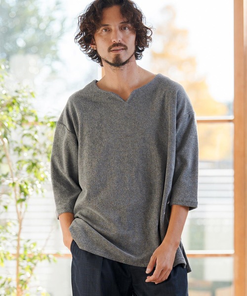 CAMBIO(カンビオ)の「mlt5521- キーネックパイル7分袖カットソー(CMB-R0192)(Tシャツ/カットソー・メンズ・ブラック/グレー/ホワイト・S/M/L)」の4枚目の写真