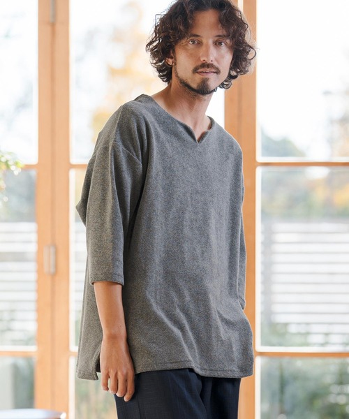 CAMBIO(カンビオ)の「mlt5521- キーネックパイル7分袖カットソー(CMB-R0192)(Tシャツ/カットソー・メンズ・ブラック/グレー/ホワイト・S/M/L)」の5枚目の写真