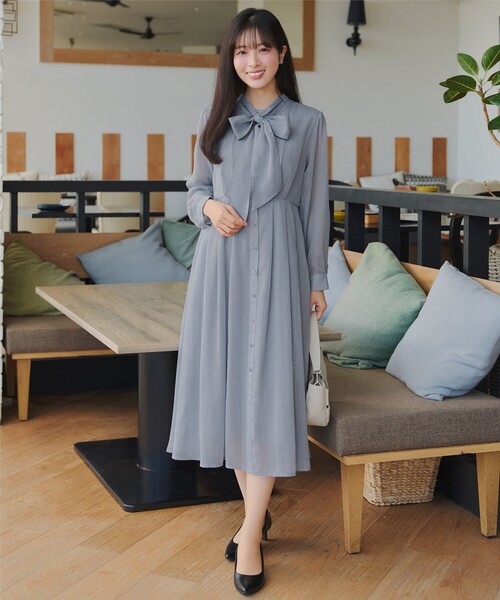 2WAY取り外しリボン付き】リボンタイラメシフォンワンピース