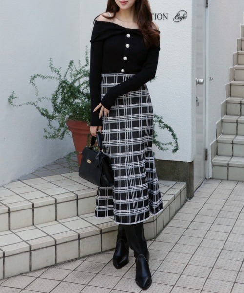 リボンデザインツイードニットワンピース 春服（ワンピース）｜rienda