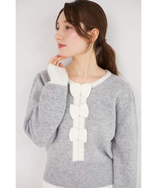 tocco closet（トッコ　クローゼット）の「【ZOZO限定】三段リボン付き配色ニットプルオーバー（ニット/セーター・レディース・ホワイト/ブラック/グレー・M）」の3枚目の写真