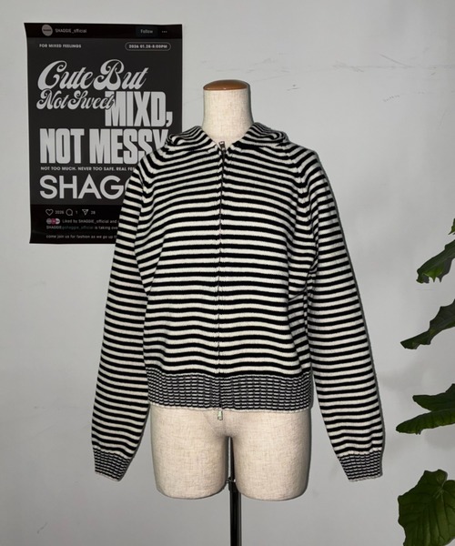 SHAGGIE（シャギー）の「フード付きボーダールーズニットパーカー（パーカー・レディース・パープル/グリーン/ブルー/ブラック・FREE）」の19枚目の写真