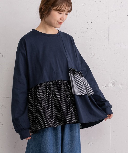 POU DOU DOU（プードゥドゥ）の「異素材mixデザインヘムトップス（Tシャツ/カットソー・レディース・キナリ/オフホワイト/ネイビー・3）」の3枚目の写真