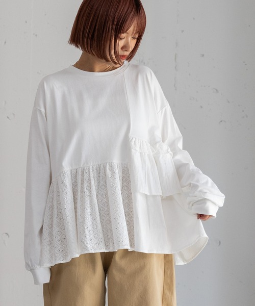 POU DOU DOU（プードゥドゥ）の「異素材mixデザインヘムトップス（Tシャツ/カットソー・レディース・キナリ/オフホワイト/ネイビー・3）」の2枚目の写真