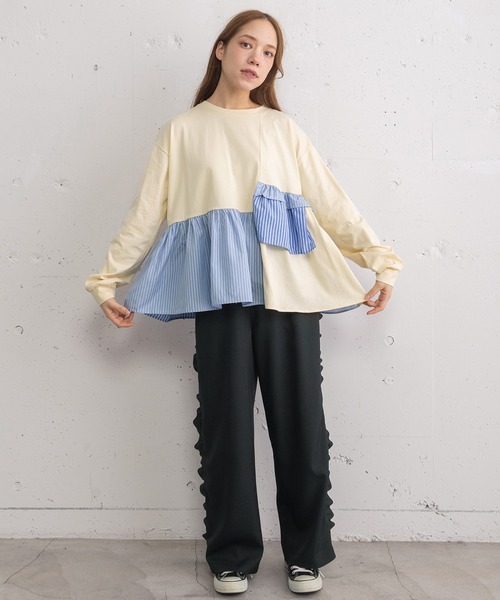 POU DOU DOU（プードゥドゥ）の「異素材mixデザインヘムトップス（Tシャツ/カットソー・レディース・キナリ/オフホワイト/ネイビー・3）」の12枚目の写真