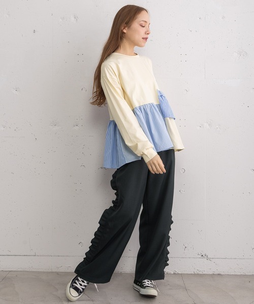 POU DOU DOU（プードゥドゥ）の「異素材mixデザインヘムトップス（Tシャツ/カットソー・レディース・キナリ/オフホワイト/ネイビー・3）」の14枚目の写真