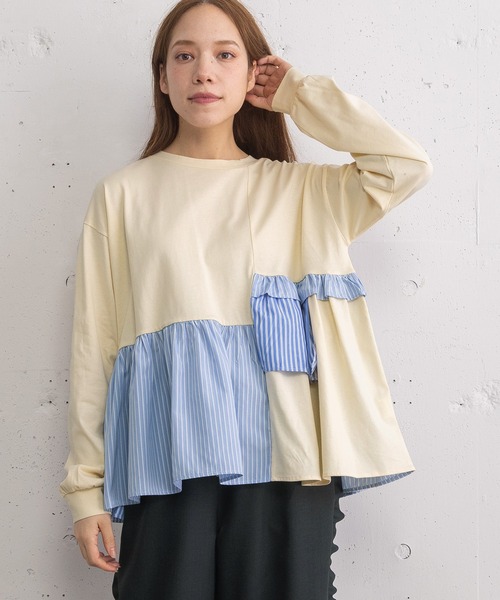 POU DOU DOU（プードゥドゥ）の「異素材mixデザインヘムトップス（Tシャツ/カットソー・レディース・キナリ/オフホワイト/ネイビー・3）」の16枚目の写真