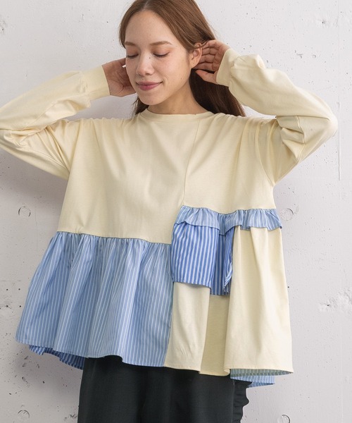 POU DOU DOU（プードゥドゥ）の「異素材mixデザインヘムトップス（Tシャツ/カットソー・レディース・キナリ/オフホワイト/ネイビー・3）」の17枚目の写真