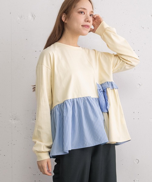 POU DOU DOU（プードゥドゥ）の「異素材mixデザインヘムトップス（Tシャツ/カットソー・レディース・キナリ/オフホワイト/ネイビー・3）」の18枚目の写真