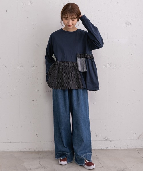 POU DOU DOU（プードゥドゥ）の「異素材mixデザインヘムトップス（Tシャツ/カットソー・レディース・キナリ/オフホワイト/ネイビー・3）」の20枚目の写真