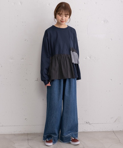 POU DOU DOU（プードゥドゥ）の「異素材mixデザインヘムトップス（Tシャツ/カットソー・レディース・キナリ/オフホワイト/ネイビー・3）」の21枚目の写真