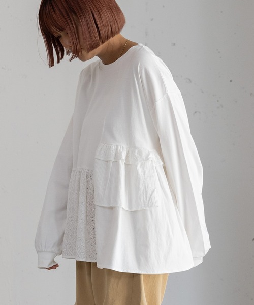 POU DOU DOU（プードゥドゥ）の「異素材mixデザインヘムトップス（Tシャツ/カットソー・レディース・キナリ/オフホワイト/ネイビー・3）」の4枚目の写真