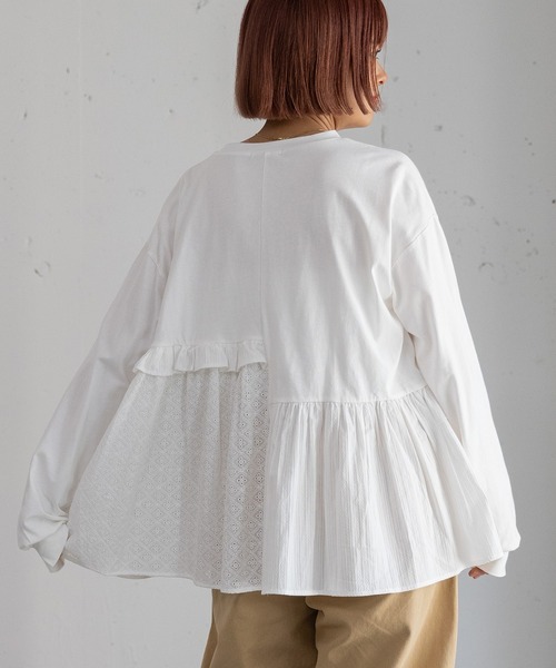 POU DOU DOU（プードゥドゥ）の「異素材mixデザインヘムトップス（Tシャツ/カットソー・レディース・キナリ/オフホワイト/ネイビー・3）」の6枚目の写真