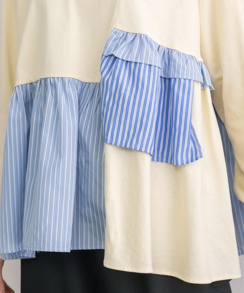 POU DOU DOU（プードゥドゥ）の「異素材mixデザインヘムトップス（Tシャツ/カットソー・レディース・キナリ/オフホワイト/ネイビー・3）」の7枚目の写真