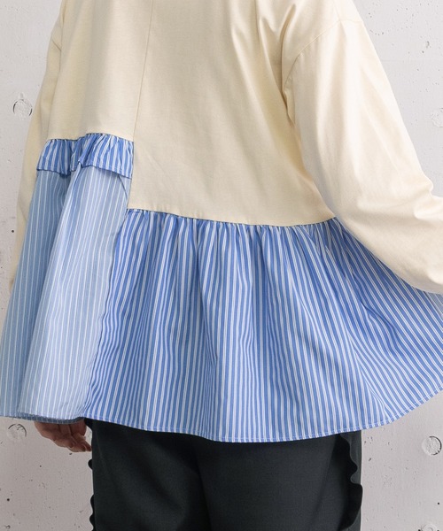 POU DOU DOU（プードゥドゥ）の「異素材mixデザインヘムトップス（Tシャツ/カットソー・レディース・キナリ/オフホワイト/ネイビー・3）」の8枚目の写真