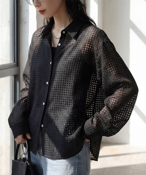 antiqua(アンティカ)の「チェック柄 格子柄 シアーシャツ(シャツ/ブラウス・レディース・ホワイト/ブラック/パープル/ネイビー・ONESIZE)」の15枚目の写真