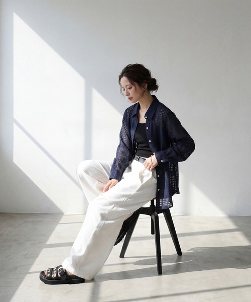 antiqua(アンティカ)の「チェック柄 格子柄 シアーシャツ(シャツ/ブラウス・レディース・ホワイト/ブラック/パープル/ネイビー・ONESIZE)」の17枚目の写真