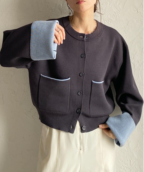 She's Closet(シーズクローゼット)の「ショート丈 長袖 配色バイカラー ニットカーディガン(カーディガン/ボレロ・レディース・グレー/チャコール/ベージュ・FREE)」の1枚目の写真