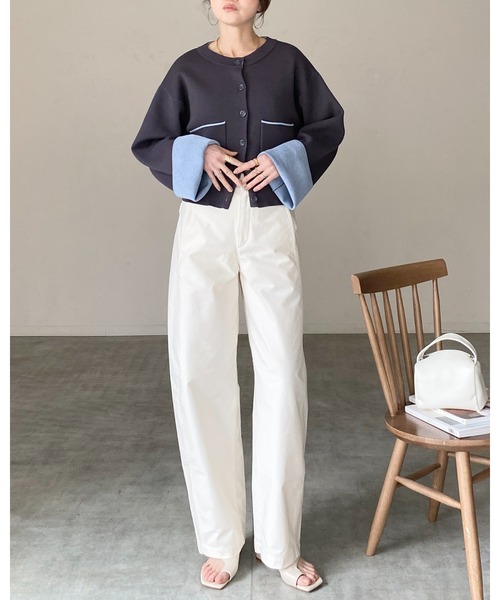 She's Closet(シーズクローゼット)の「ショート丈 長袖 配色バイカラー ニットカーディガン(カーディガン/ボレロ・レディース・グレー/チャコール/ベージュ・FREE)」の4枚目の写真