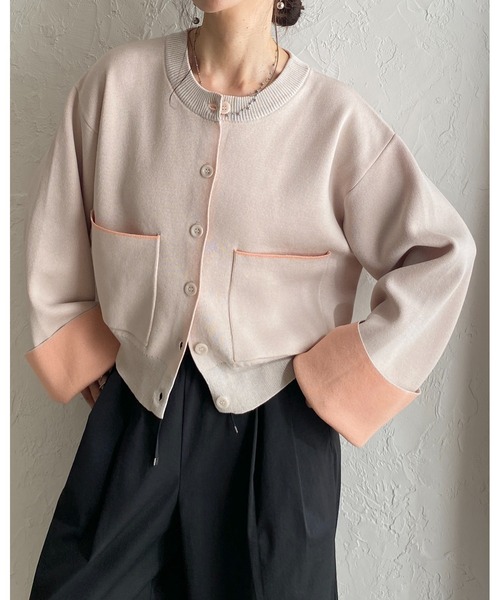 She's Closet(シーズクローゼット)の「ショート丈 長袖 配色バイカラー ニットカーディガン(カーディガン/ボレロ・レディース・グレー/チャコール/ベージュ・FREE)」の6枚目の写真
