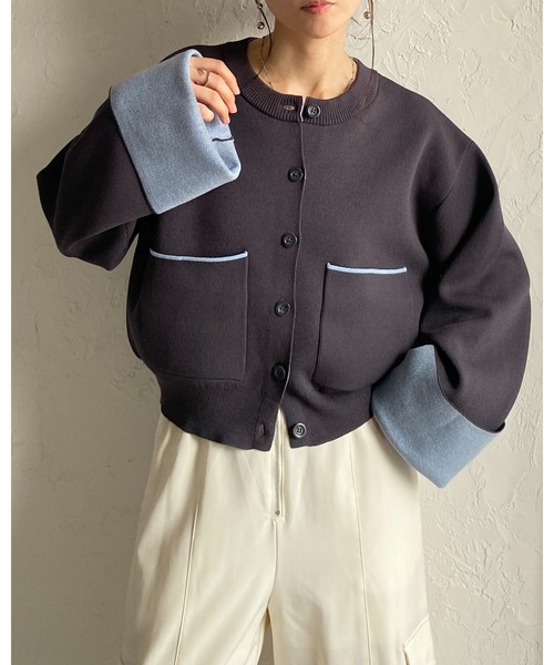 She's Closet(シーズクローゼット)の「ショート丈 長袖 配色バイカラー ニットカーディガン(カーディガン/ボレロ・レディース・グレー/チャコール/ベージュ・FREE)」の12枚目の写真