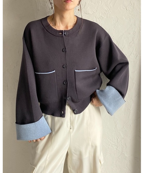 She's Closet(シーズクローゼット)の「ショート丈 長袖 配色バイカラー ニットカーディガン(カーディガン/ボレロ・レディース・グレー/チャコール/ベージュ・FREE)」の13枚目の写真