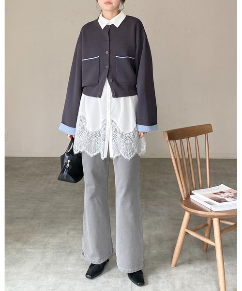 She's Closet(シーズクローゼット)の「ショート丈 長袖 配色バイカラー ニットカーディガン(カーディガン/ボレロ・レディース・グレー/チャコール/ベージュ・FREE)」の20枚目の写真