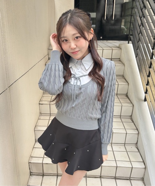 abc une face(アーベーセーアンフェイス)の「レイヤードケーブルニット(Tシャツ/カットソー・レディース・グレー/ブラック/ピンク・FREE)」の1枚目の写真