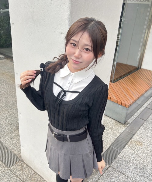 abc une face(アーベーセーアンフェイス)の「レイヤードケーブルニット(Tシャツ/カットソー・レディース・グレー/ブラック/ピンク・FREE)」の2枚目の写真