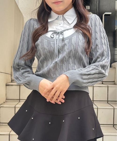 abc une face(アーベーセーアンフェイス)の「レイヤードケーブルニット(Tシャツ/カットソー・レディース・グレー/ブラック/ピンク・FREE)」の13枚目の写真