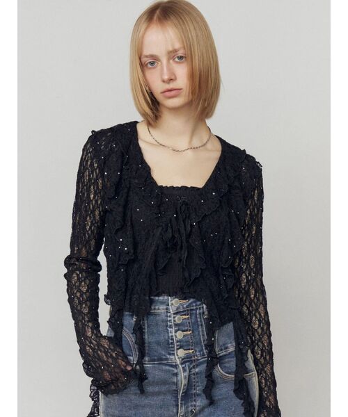 EMODA（エモダ）の「ドットラッフルフリルクロップトップ（Tシャツ/カットソー・レディース・ブラック/イエロー/グレー/ホワイト・FREE）」の18枚目の写真