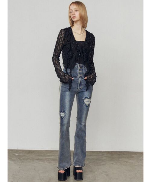 EMODA（エモダ）の「ドットラッフルフリルクロップトップ（Tシャツ/カットソー・レディース・ブラック/イエロー/グレー/ホワイト・FREE）」の19枚目の写真