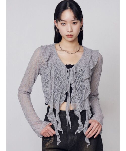 EMODA（エモダ）の「ドットラッフルフリルクロップトップ（Tシャツ/カットソー・レディース・ブラック/イエロー/グレー/ホワイト・FREE）」の5枚目の写真