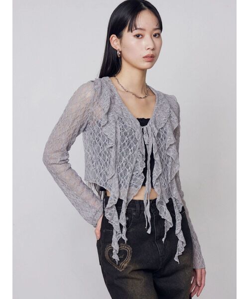 EMODA（エモダ）の「ドットラッフルフリルクロップトップ（Tシャツ/カットソー・レディース・ブラック/イエロー/グレー/ホワイト・FREE）」の6枚目の写真