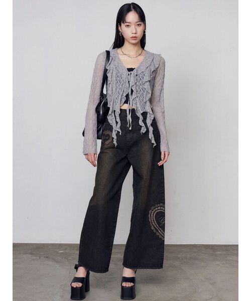 EMODA（エモダ）の「ドットラッフルフリルクロップトップ（Tシャツ/カットソー・レディース・ブラック/イエロー/グレー/ホワイト・FREE）」の7枚目の写真