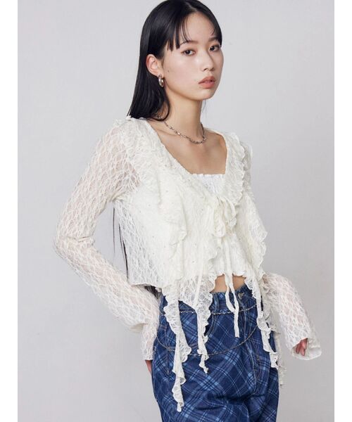 EMODA（エモダ）の「ドットラッフルフリルクロップトップ（Tシャツ/カットソー・レディース・ブラック/イエロー/グレー/ホワイト・FREE）」の10枚目の写真