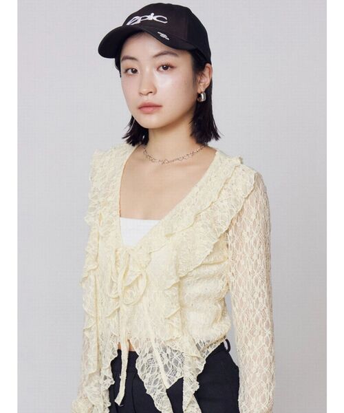 EMODA（エモダ）の「ドットラッフルフリルクロップトップ（Tシャツ/カットソー・レディース・ブラック/イエロー/グレー/ホワイト・FREE）」の13枚目の写真