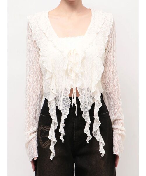 EMODA（エモダ）の「ドットラッフルフリルクロップトップ（Tシャツ/カットソー・レディース・ブラック/イエロー/グレー/ホワイト・FREE）」の17枚目の写真