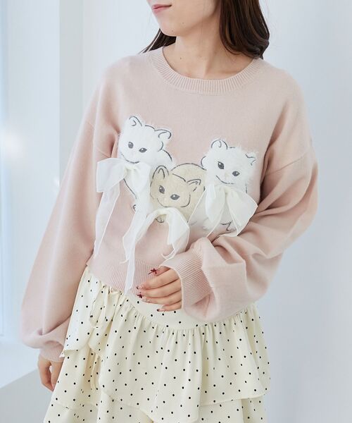 MAJESTIC LEGON（マジェスティックレゴン）の「オメカシにゃんずリボンニット（ニット/セーター・レディース・ライトグレー/ピンク/チャコールグレー・MEDIUM）」の7枚目の写真