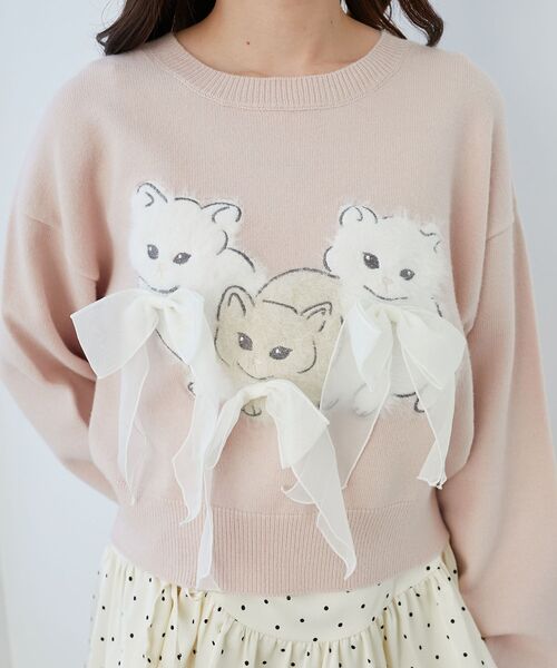 MAJESTIC LEGON（マジェスティックレゴン）の「オメカシにゃんずリボンニット（ニット/セーター・レディース・ライトグレー/ピンク/チャコールグレー・MEDIUM）」の10枚目の写真