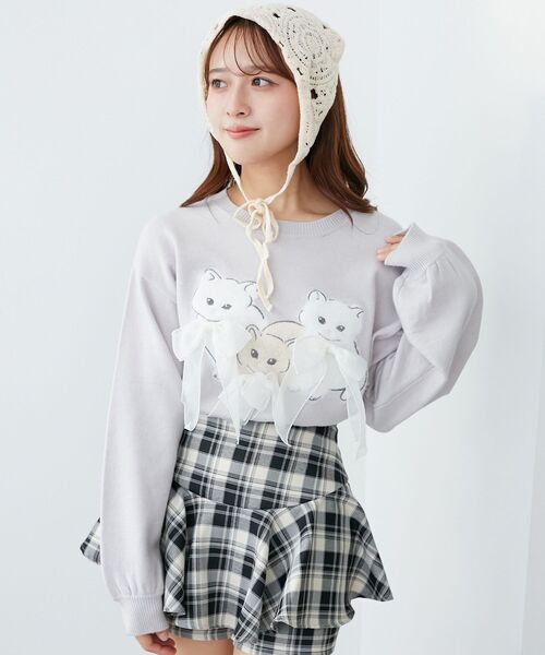 MAJESTIC LEGON（マジェスティックレゴン）の「オメカシにゃんずリボンニット（ニット/セーター・レディース・ライトグレー/ピンク/チャコールグレー・MEDIUM）」の14枚目の写真