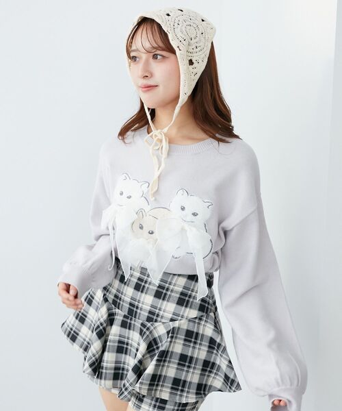 MAJESTIC LEGON（マジェスティックレゴン）の「オメカシにゃんずリボンニット（ニット/セーター・レディース・ライトグレー/ピンク/チャコールグレー・MEDIUM）」の15枚目の写真