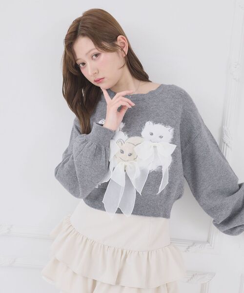 MAJESTIC LEGON（マジェスティックレゴン）の「オメカシにゃんずリボンニット（ニット/セーター・レディース・ライトグレー/ピンク/チャコールグレー・MEDIUM）」の20枚目の写真
