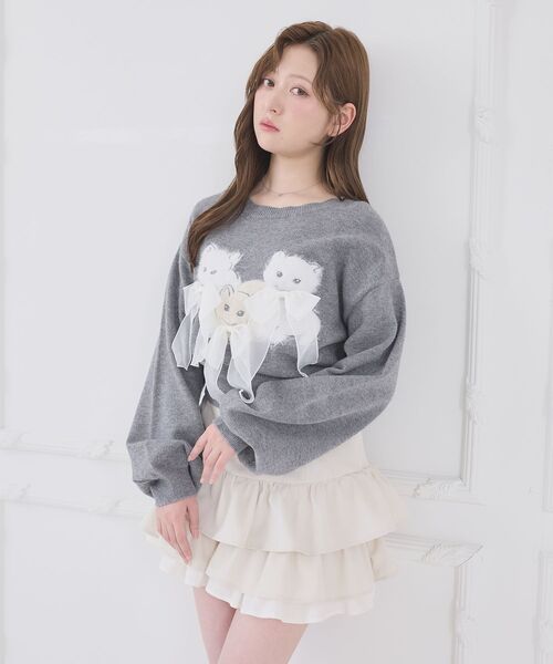 MAJESTIC LEGON（マジェスティックレゴン）の「オメカシにゃんずリボンニット（ニット/セーター・レディース・ライトグレー/ピンク/チャコールグレー・MEDIUM）」の21枚目の写真