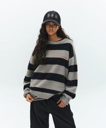 Embroidery Hairy Stripe Sweater-Melange gray